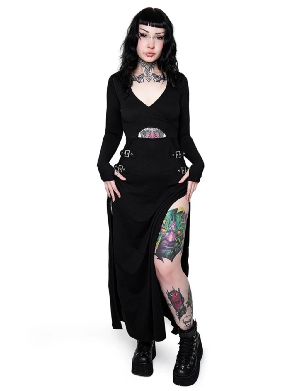 Long Sleeve Black Maxi Dress with Side Slit and Buckle Details